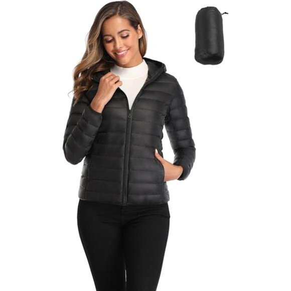 Women's Short Down Coat Packable Puffer Jacket With Hooded Winter Ultra Light - Picture 1 of 7